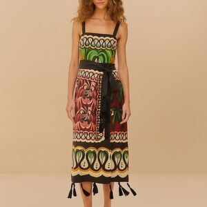 FARM Rio Green, Black and Pink Block Print Midi Dress
